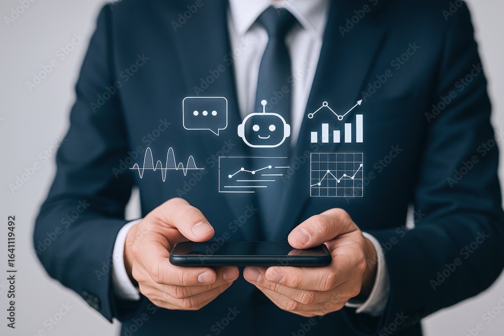 Poster businessman utilizing ai on smartphone for business insights and automation, representing future tec