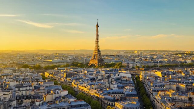 aerial view of the city paris skyline at sunset with traffic timelapse, france