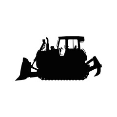 Black vector silhouette of construction heavy equipment like a bulldozer and excavator isolated on a white background © Muzaki