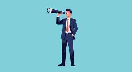 A businessman in a suit looks through a telescope, symbolizing a search for future business opportunities and vision.