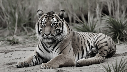 Obraz premium Portrait of a Royal Bengal tiger alert and staring at the camera. Tiger portrait horizontal.