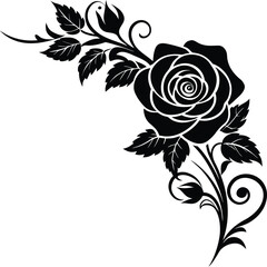 Vector art of corner decorative element featuring a black rose silhouette with buds and leaves, isolated on white background