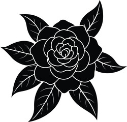 Fototapeta premium Vector art of a striking black silhouette of a single rose flower with surrounding leaves, isolated on a white background