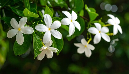 Lush green foliage displays delicate white flowers with water droplets, blurred background