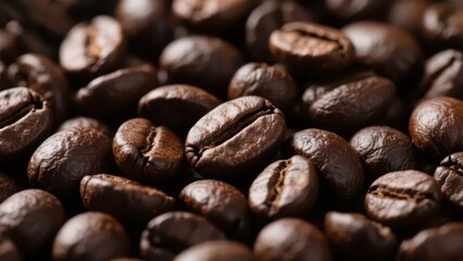 Fototapeta premium A close - up shows roasted coffee beans, plump and round with a deep brown color, presenting the rich texture of coffee raw materials.