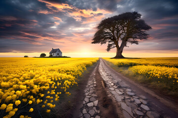 Beautiful countryside landscape with a solitary tree and a quaint house surrounded by vibrant yellow flowers at sunset