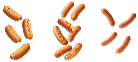 hot dog falling down set PNG. Hot dogs with condiments flying isolated.  Tasty grilled hot dogs with mustard PNG. Juicy sausage in bread roll with sauce and relish isolated for fast food isolated