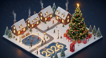 Isometric Winter Village Celebration, Christmas Tree, Ice Skating, Snow,  Isometric New Year  2026, Festive Houses, Happy People