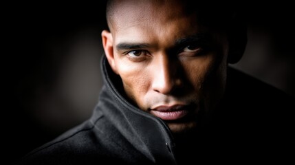 Fototapeta premium A thoughtful individual gazes directly with a serious expression, short cropped hair, dark clothing,
