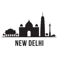 New Delhi skyline silhouette. Landscape New Delhi, India. Vector illustration. Vector black silhouette. with white background.