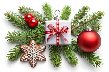 Christmas decoration with gift box, ornament, gingerbread cookie, and pine branch isolated on white background for holiday season greeting card