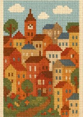 Fototapeta premium Charming cross-stitch cityscape design.