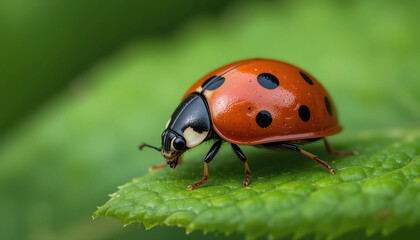 Naklejka premium Ladybug sitting on a green leaf, macro focus