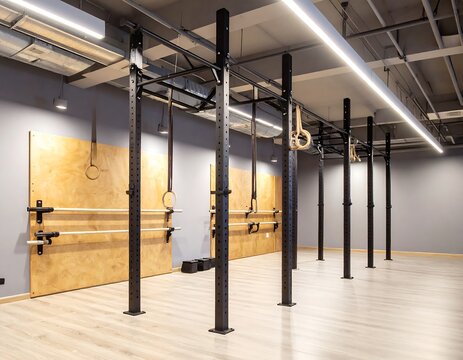 Modern gym interior with two sets of black pull-up bars and wooden wall panels