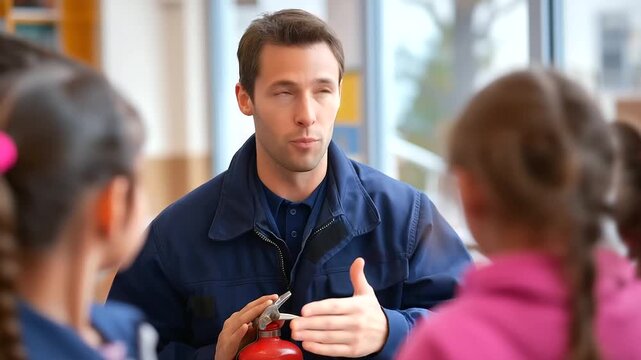 A firefighter educates schoolchildren on proper fire extinguisher use and safety techniques.