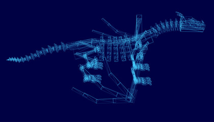 A low poly wireframe dinosaur skeleton with intricate details stands against a blue background. The 3D model features interconnected shapes and lines, resembling a dragon-like creature.