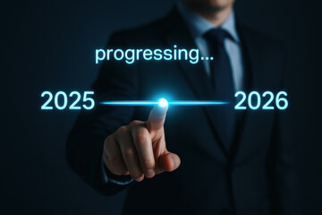 Progressing timeline with business professional indicating future years, showcasing growth