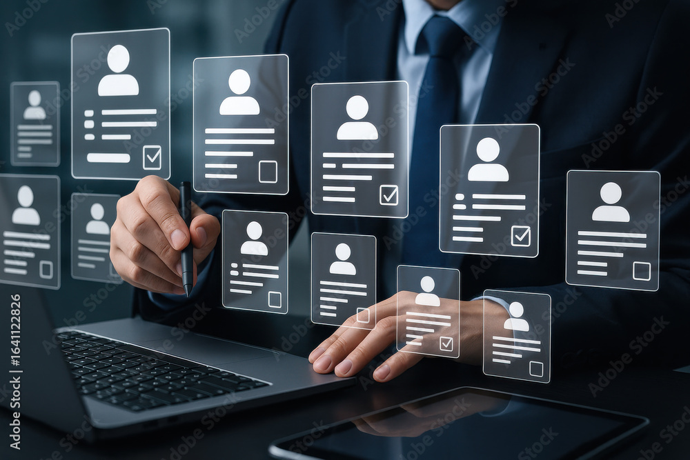 Poster digital interface with user profiles business professional technology data management modern