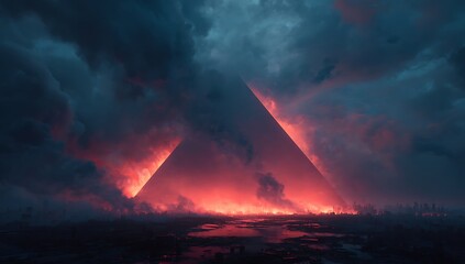 Mysterious glowing pyramids emerge from dark smoky atmosphere.