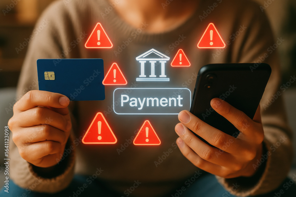 Poster secure payment process with alerts on smartphone and credit card in hand