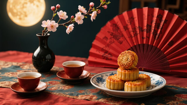 Mid-autumn festival tea set with mooncakes, cherry blossoms, and red fan under full moonlight on festive table