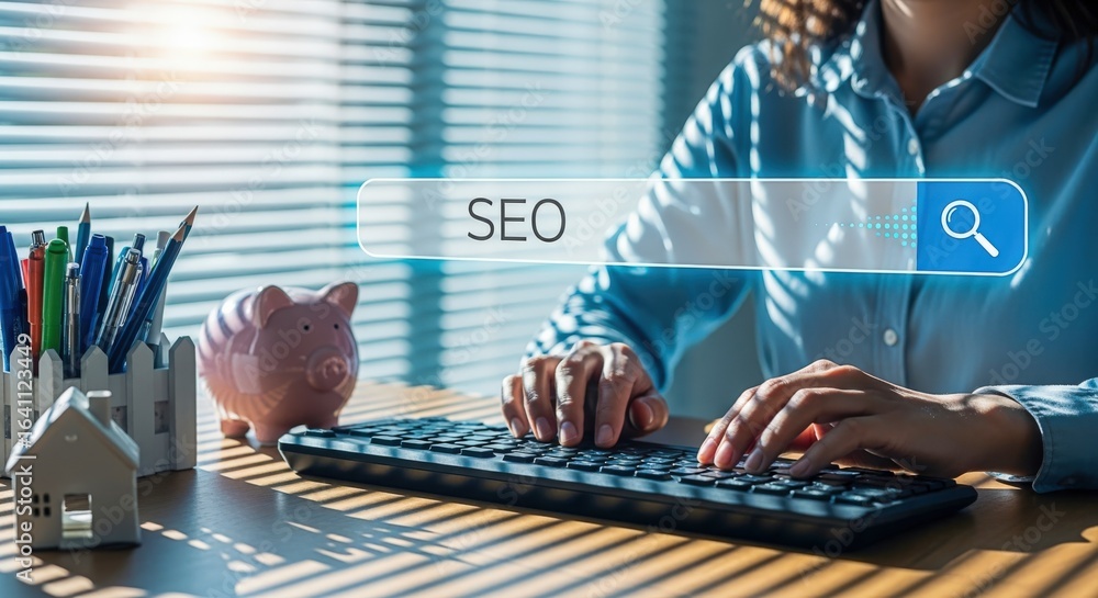 Poster optimizing online content: woman typing on keyboard with seo search bar overlay for enhanced digital