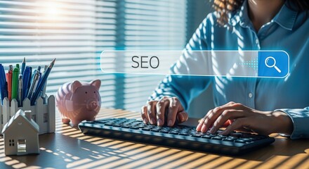 Optimizing Online Content: Woman Typing on Keyboard with SEO Search Bar Overlay for Enhanced Digital Visibility