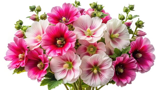 Gorgeous arrangement of pink and white hollyhocks against a bright white backdrop