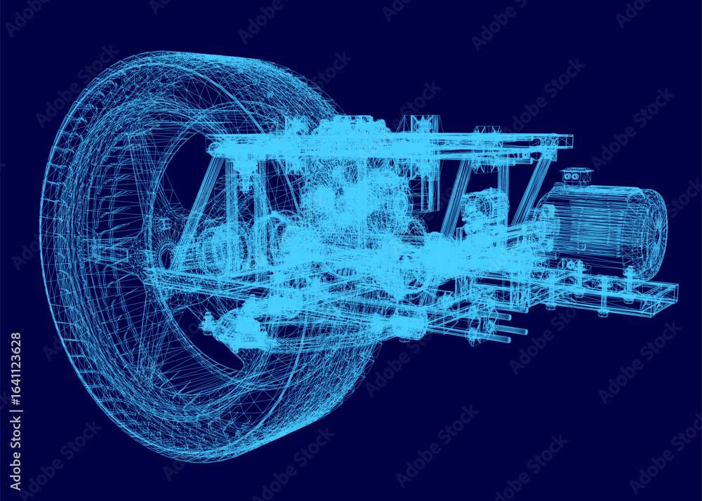 Poster a 3d wireframe car wheel displays intricate geometric lines and modular design elements on a smooth 
