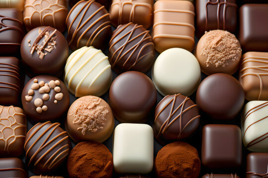 Delicious assortment of various chocolates stacked intricately in a tempting display at a confectionery shop