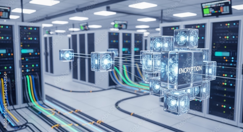 Poster server room visualization: data encryption concept with glowing cubes and network connections in a m