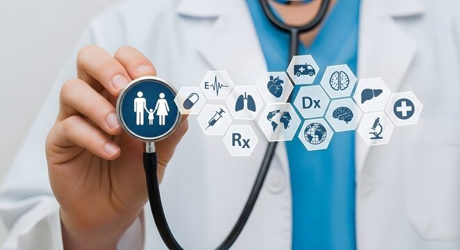 Doctor examining a stethoscope with medical icons, focusing on healthcare and family well-being. - Powered by Adobe