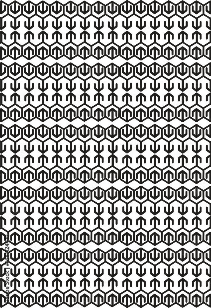 Poster monochrome geometric pattern of interconnected hexagons and abstract arrow-like shapes.