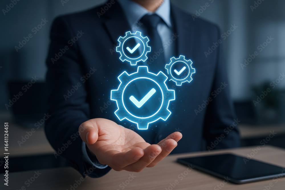 Poster efficient business management with gears and checkmarks symbolizes success and productivity