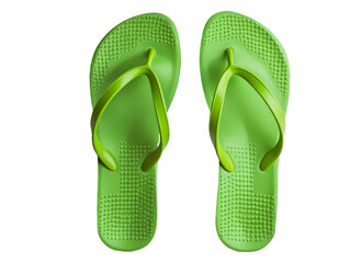 Bright green flip flops on a white background featuring a simple design suitable for summer activities and casual outings