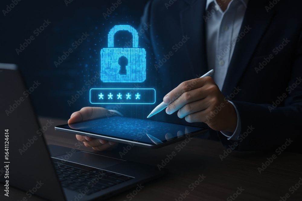 Poster secure digital access is essential today world, showcasing person using tablet with lock symbol