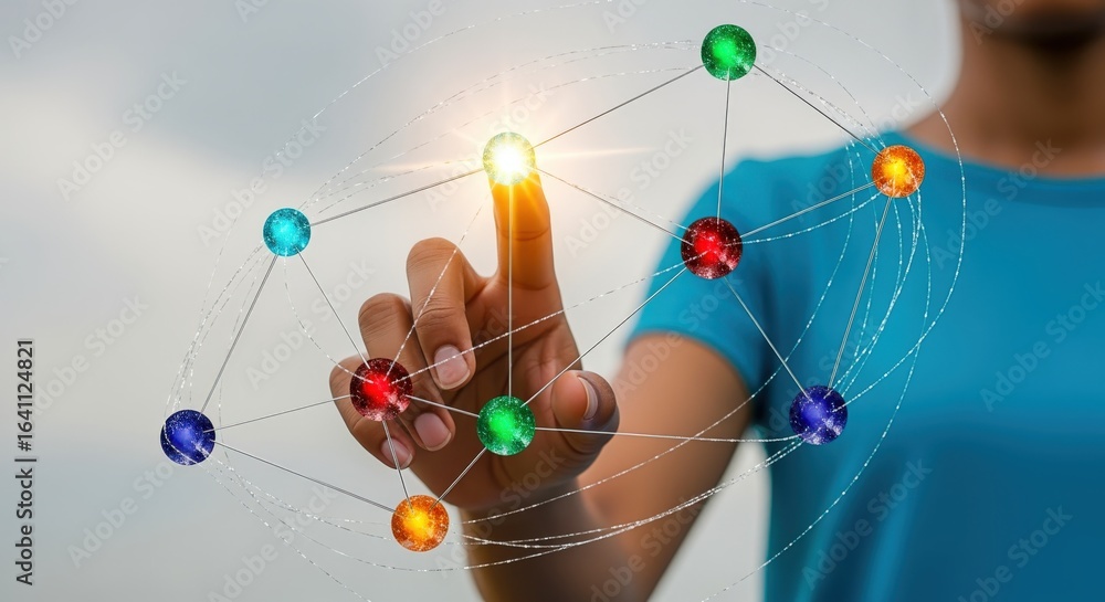 Poster connecting the dots: hand interacting with digital network representing innovation and global connec