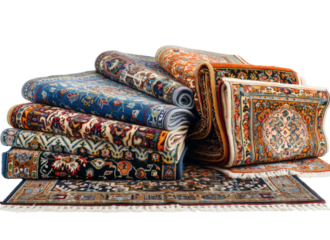 Colorful stacked traditional rugs displayed in a cozy setting with intricate patterns and textures
