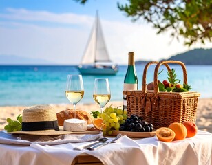 Idyllic beach picnic scene with wine, fruit, and bread, sailboat in background