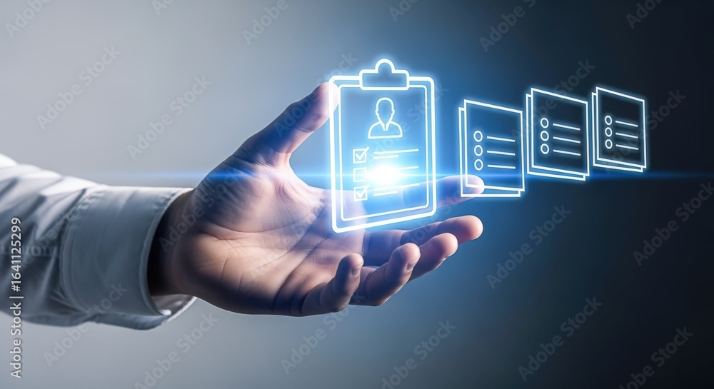 Aufkleber digital documents management concept: hand presenting information and data with glowing interface in