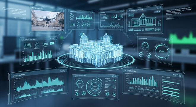Futuristic holographic interface showing building analysis with wireframe model and data charts.
