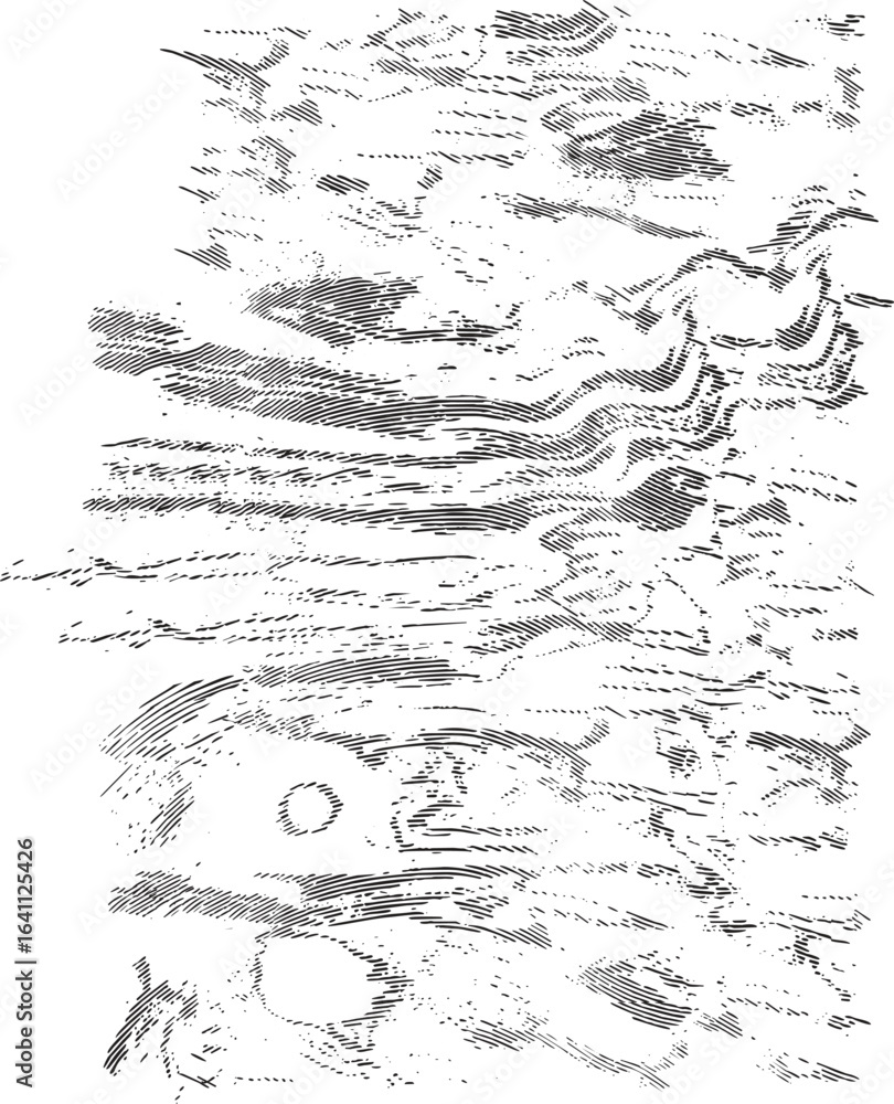 Poster abstract monochrome texture with fragmented wavy parallel lines creating a distressed organic and to