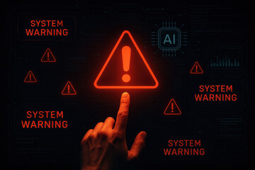 Hand pressing warning symbol on digital interface with alerts and AI elements