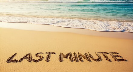 Fototapeta premium Last Minute message hand-written on sandy beach with sea wave and sunlight