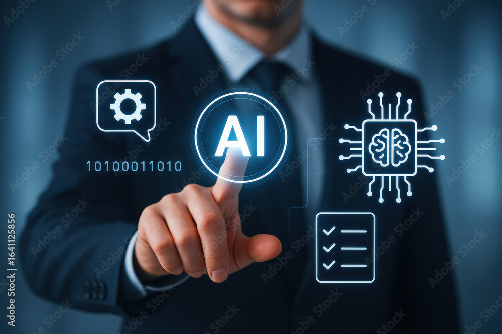 Poster businessman interacting with ai technology, showcasing digital elements and data analysis