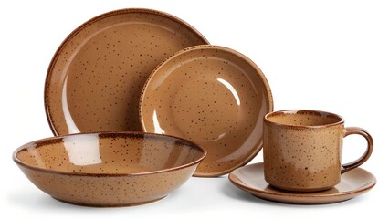  Brown Speckled Ceramic Dinnerware Set Top-Down View.