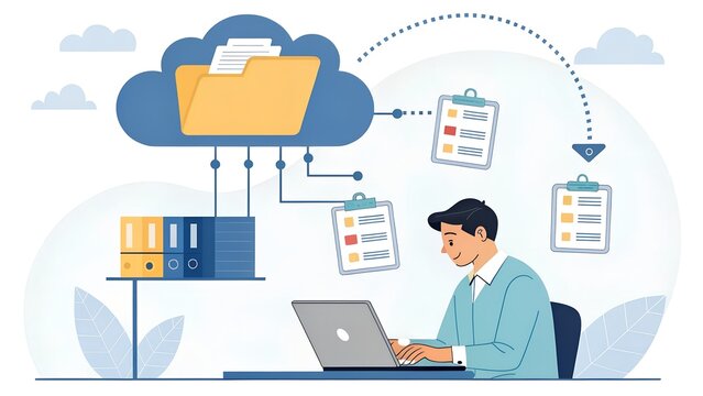  Businessman using a computer to Cloud service to document management and digital files storage and transfer. doc sharing and file access, backup and sync data, online documentation database technolog
