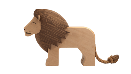 Wooden lion toy with rope tail isolated on a black background for educational purposes