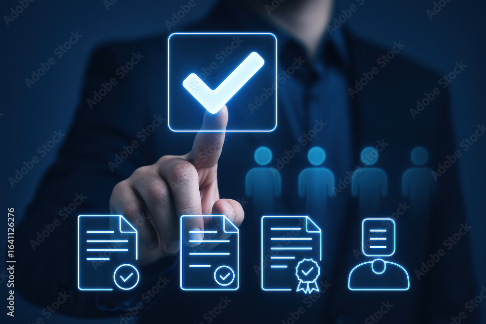 Aufkleber digital interface with checkmark symbol, documents, and user icons representing approval