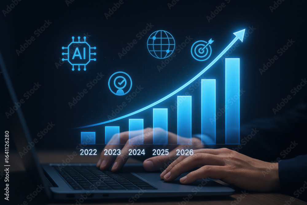 Poster graph showing growth trends with technology icons and future projections for 2022 to 2026